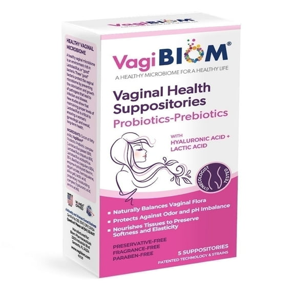 VagiBiom Feminine Balance Suppositories with Probiotics, Prebiotics & Hyaluronic Acid – Fragrance Free, 5 Count