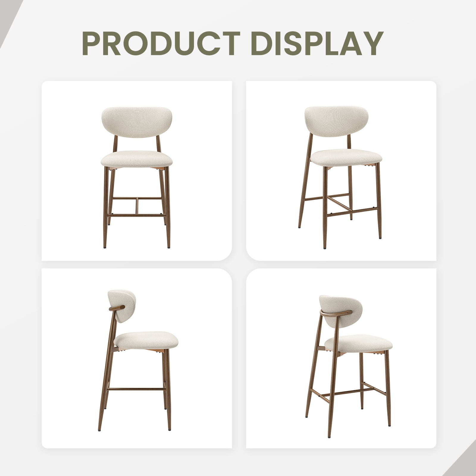 AFO Counter Height Bar Stools Set of 4, Modern Upholstered Kitchen Island Chairs with Back, Wood Grain Metal Legs, Beige