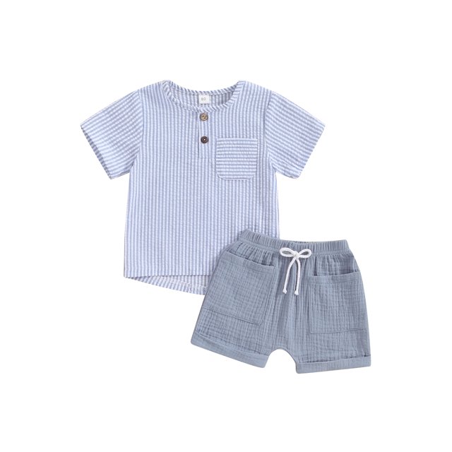 Gupgi 2PCS Kids Boys Summer Set 12 18 24 Months 3 4 Years Toddler Short Sleeve Button Striped Henley Tops Drawstring Shorts