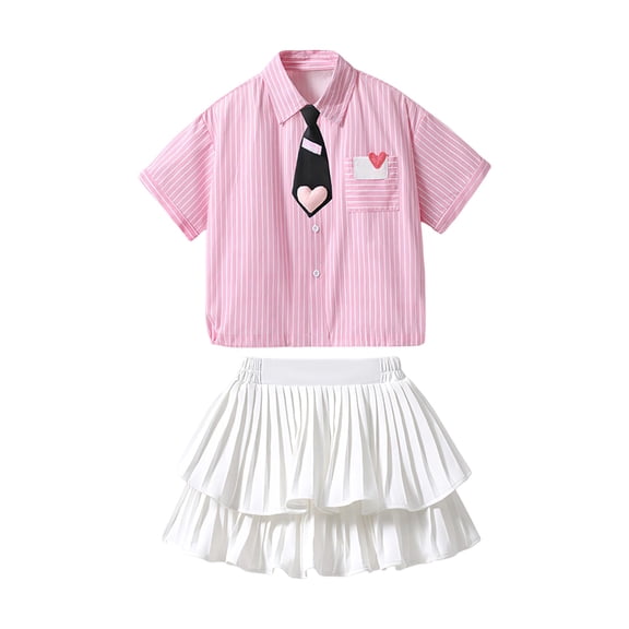 XAOFW Back To School Summer Girls Outfits With Short Sleeves Lapel Button Down Striped Tie Shirt And Pleated Skirts Two Piece Formal Sets Versatile Clothing Sets 2-3 Years