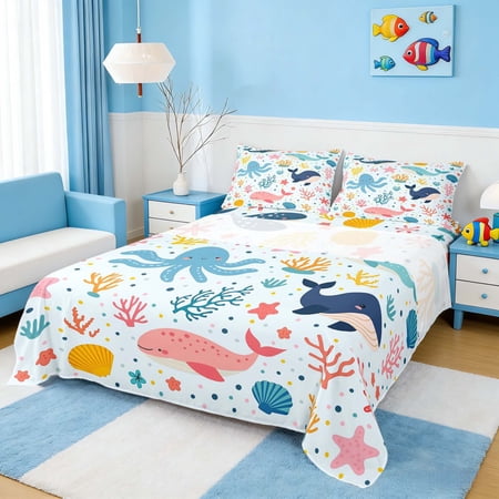 Manfei Cartoon Whale Octopus Coral Starfish Full Size Sheets for Boys and Girls Marine Animal Print Bed Sheets 4pcs 1 Flat Sheet 1 Fitted Sheet and 2 Pillowcases
