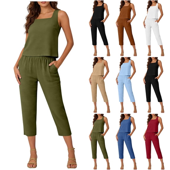 Frostluinai Womens Summer 2 Piece Sets Square Neck Sleeveless Crop Tank Tops Capris Jogger Pants Matching Sets Travel Outfits with Pocket Brown XL