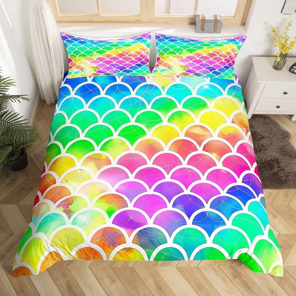 Funda nórdica Queen para niños Niñas Colorido Sparkle Fish Scales juego de cama