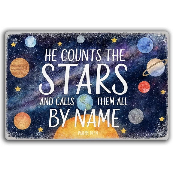 Space Themed Metal Tin Sign – “He Counts the Stars and Calls Them All by Name” Bible Verse Wall Art – Christian Galaxy Decor for Boys Room, Nursery, or Classroom – Outer Space Room Decor 8x12 Inch