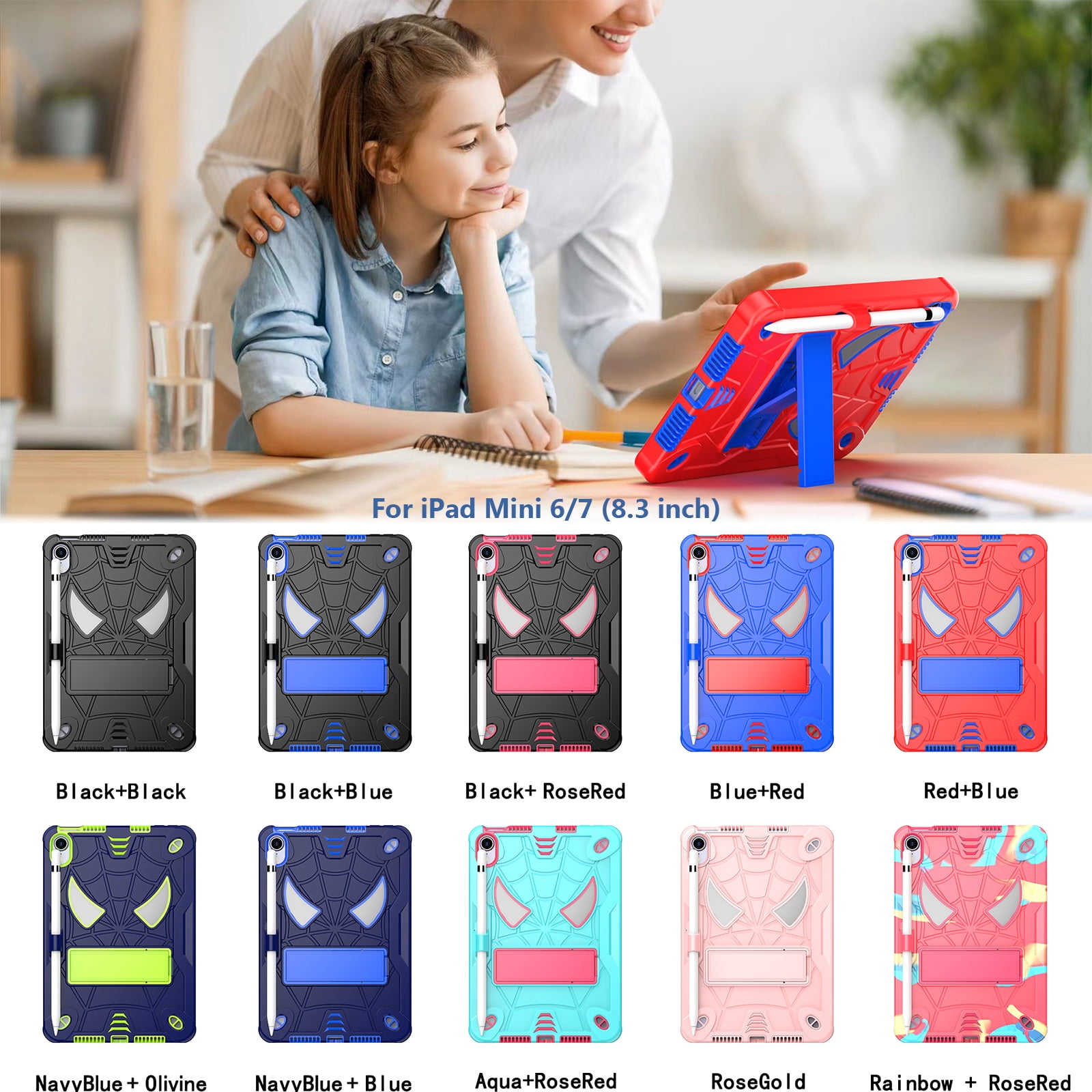 TECH CIRCLE for iPad Mini 8.3" (A17 Pro), iPad Mini 6 (8.3") 3-Layer Rugged Shockproof Case with Shoulder Strap, Built-in Kickstand, Pencil Holder, Cute Spider Heavy Duty Tablet Cover, Blue Red