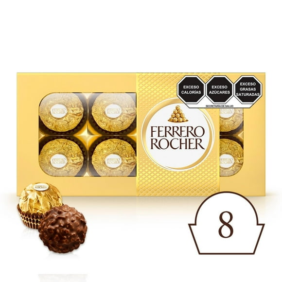 Chocolates Ferrero galleta cubierta de trocitos de avellanas y relleno cremoso 8 pzas de 12.5 g c/u
