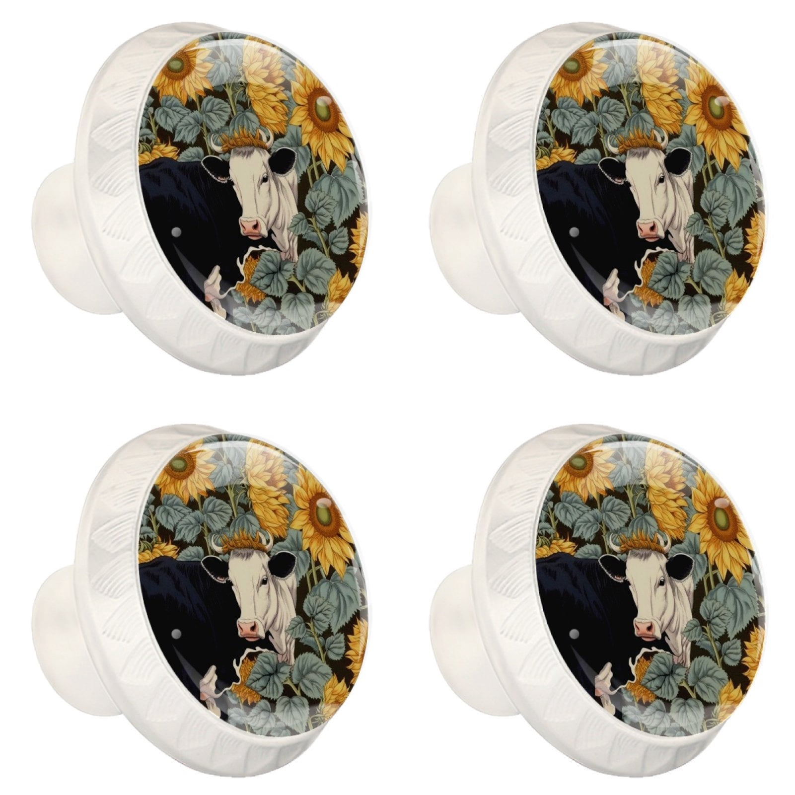4 Pcs Cow and Sunflower Knobs for Kitchen Cabinet Cupboard Dresser Bookcase Drawer Pulls Handles Round Home Decor