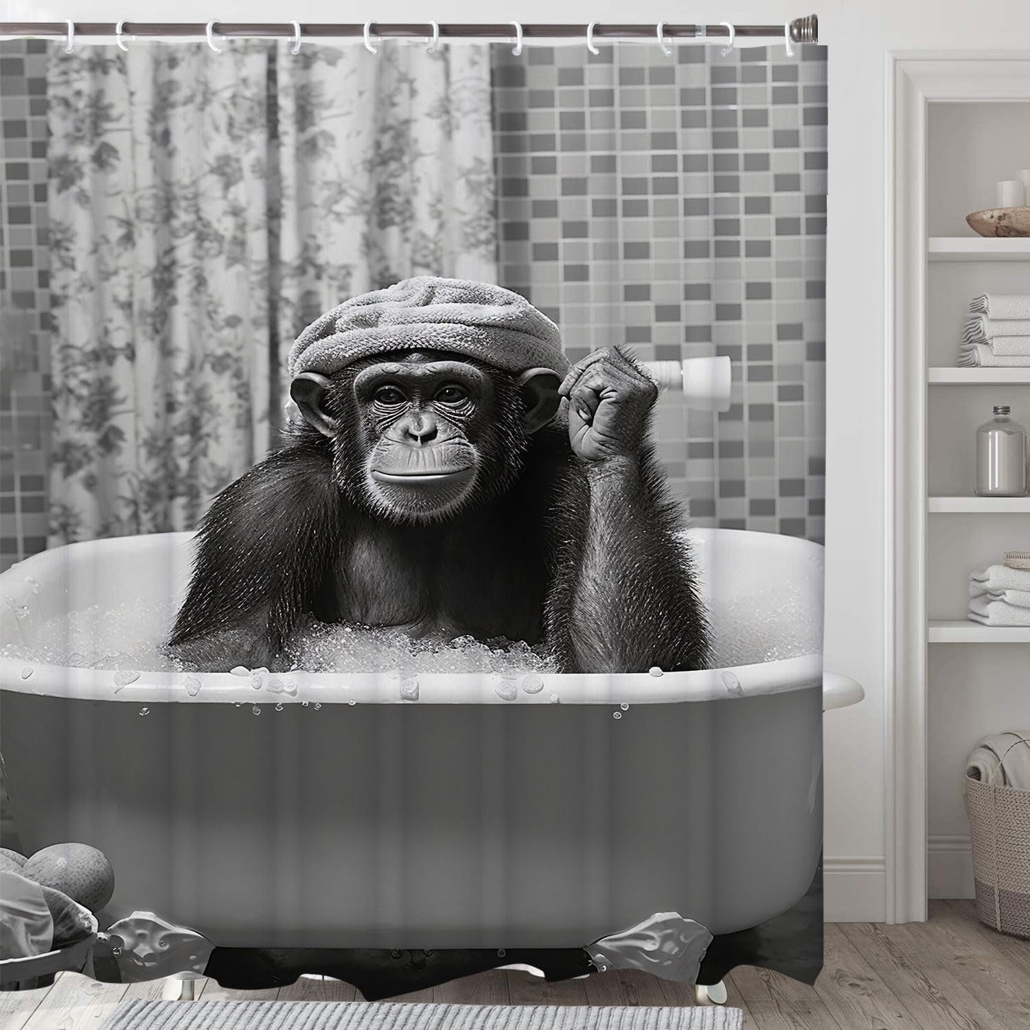 Funny Monkey Shower Curtain, Black and White Fun Animal in Bathtub, 72x72 Humorous Shower Curtain Set, Gray Style Bathroom Decor Curtain with Shower Hooks 36X72inches
