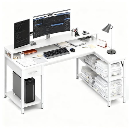 KPUY 47-Inch L Shaped Desk with USB Charging Port LED Light and Monitor Stand Gaming Desk Home Office Desk for Home Office Dorm Sturdy Writing Workstation White