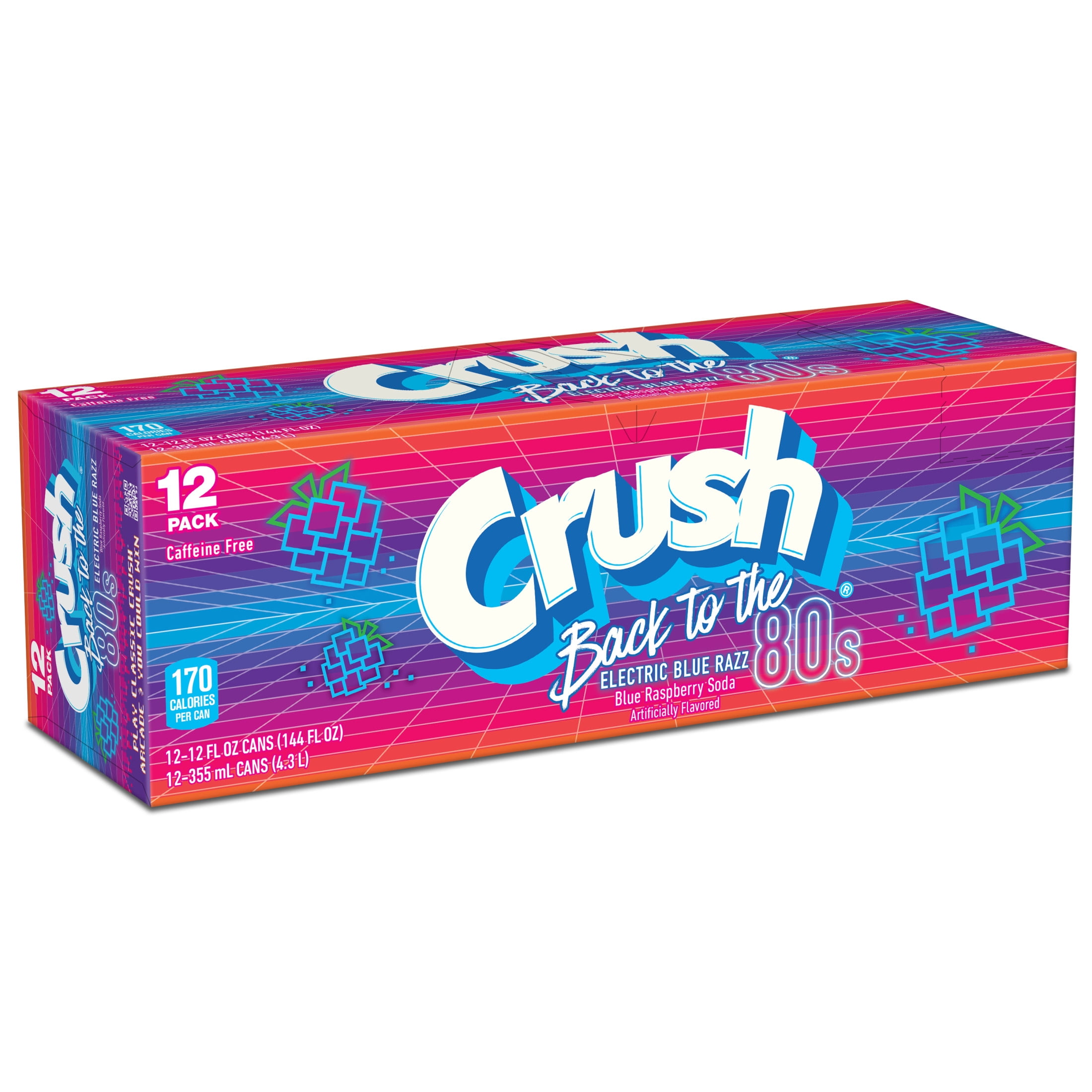 Crush Caffeine Free Back to the 80's Electric Blue Razz Soda Pop, 12 fl oz, 12 Pack Cans