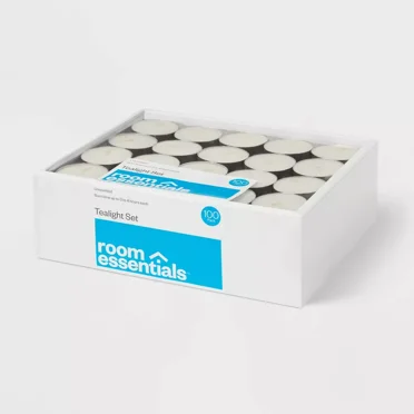 100ct Unscented Tea Lights Candle White - Room Essentials: Bulk Pack for Candlelit Ambiance, 4hr Burn Time