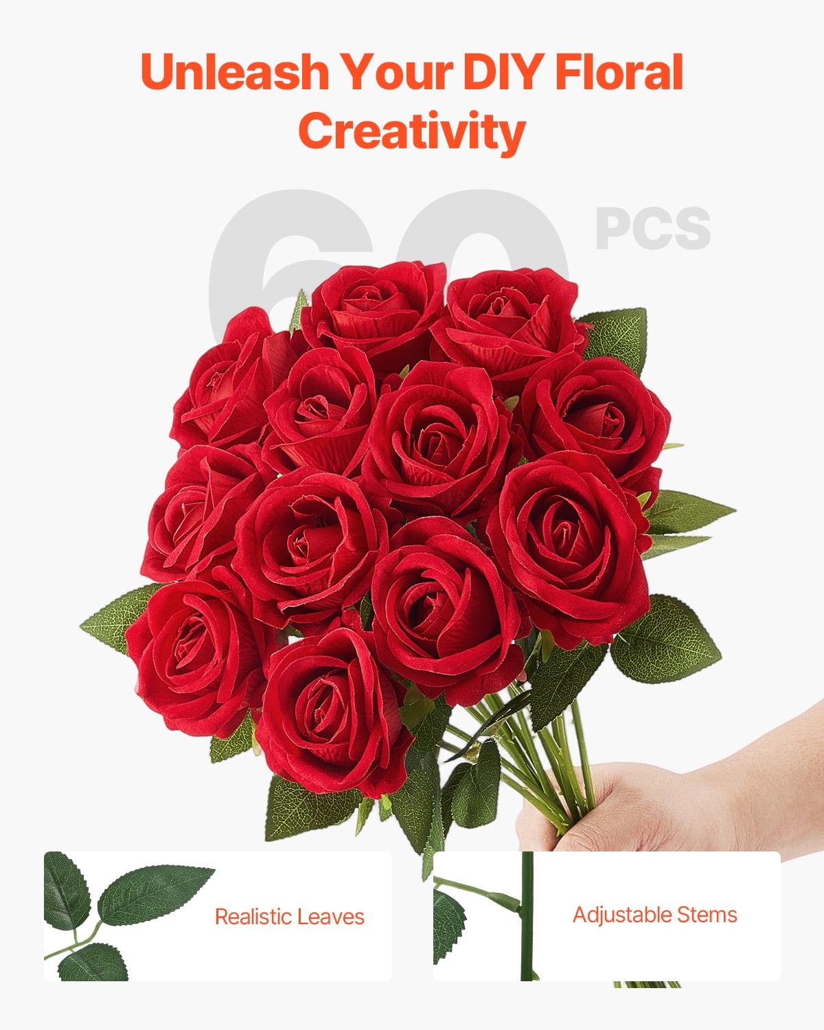 VEVOR Artificial Flowers, 60 pcs Real Looking Red Foam Fake Roses Bulk, Faux Red Bridal Shower with Stems for DIY Wedding Bouquets, Home Centerpieces Arrangements, Party Tables Decorations