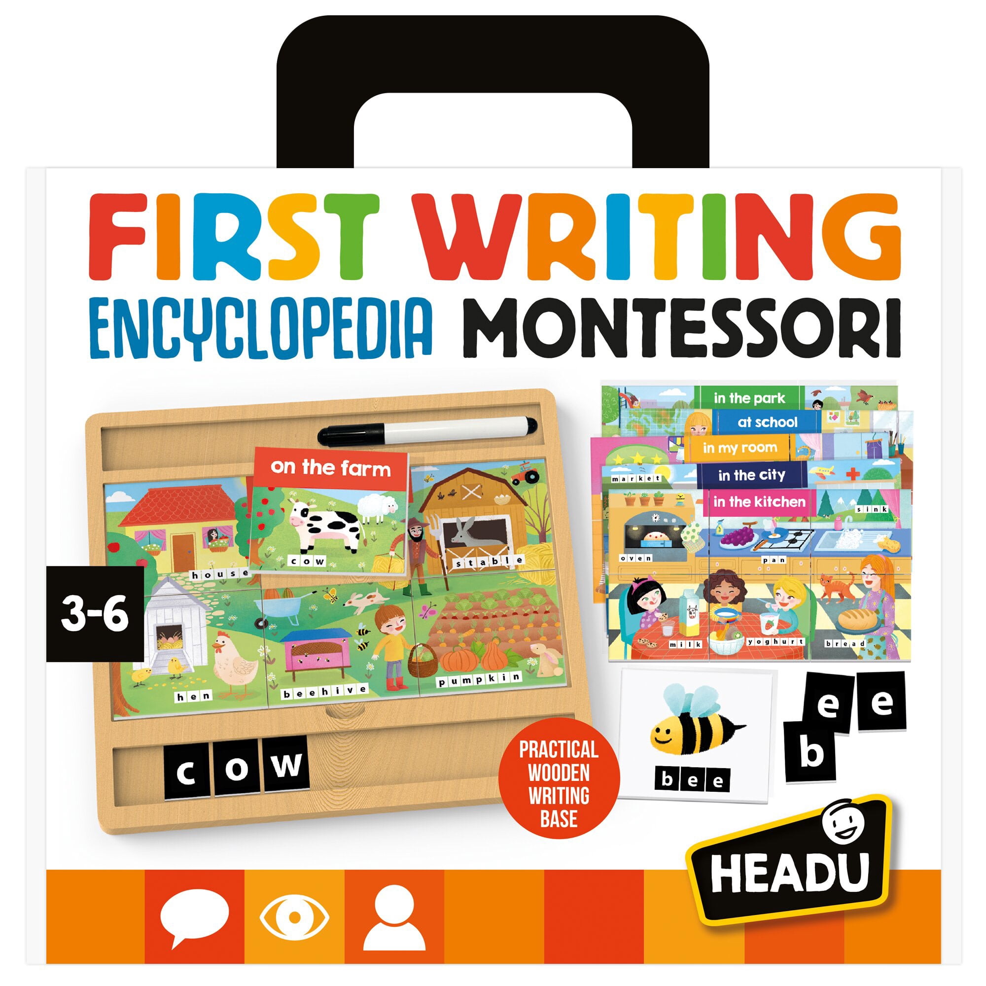 Headu: First Writing Encyclopedia Montessori - Wooden Letter Tracing Board, Dry-Erase Writing Practice, Modular Lexical Scenes, ABC Tiles, Kids 3-6