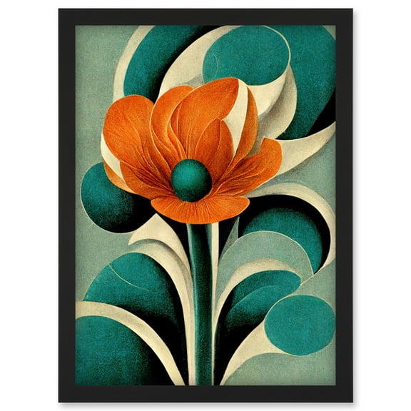 Art Deco Poppy Flower Teal Orange Cream Artwork Framed Wall Art Print A4
