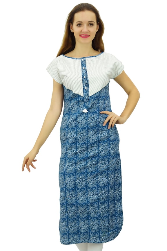 Women's Casual Tunic Mid Calf Length Straight Printed Cotton Kurti Kurta, Indigo, 24