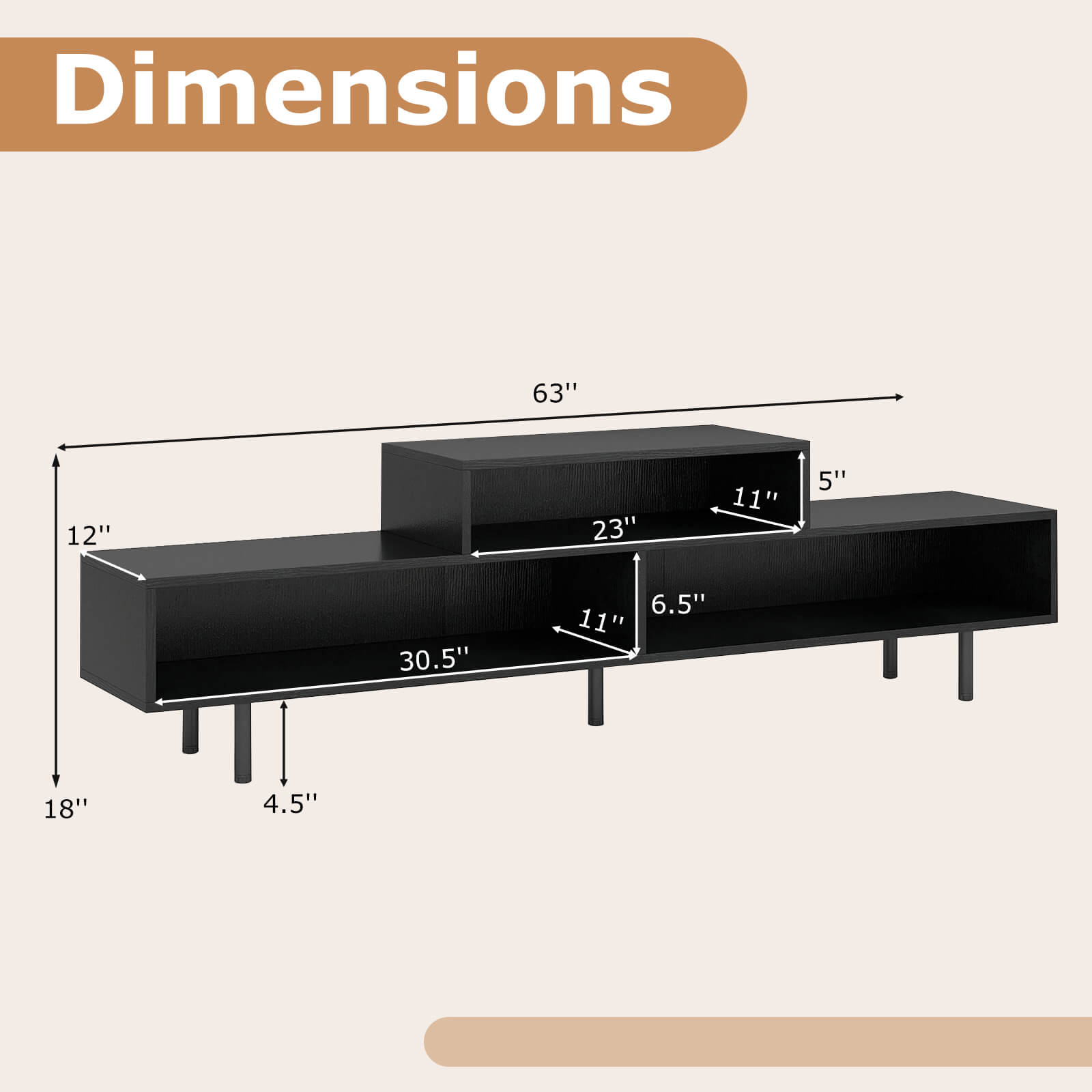 Costway 3 Cubby TV Stand for TVs up to 70" Entertainment Center Media TV Console Table Black