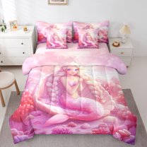 Manfei Chic Mermaid 7-Piece Bedding Comforter Set,Ocean Animal King Bedding Sets,Pink Fairy Tale Bed Sheets For Girls,Ultra Soft Home Decor Reversible