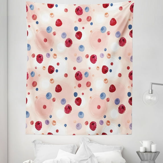Peach Tapestry, Raspberries Blueberries Cranberries Food Themed Design with Abstract Circle Backdrop, Fabric Wall Hanging Decor for Bedroom Living Room Dorm, 5 Sizes, Multicolor, by Ambesonne