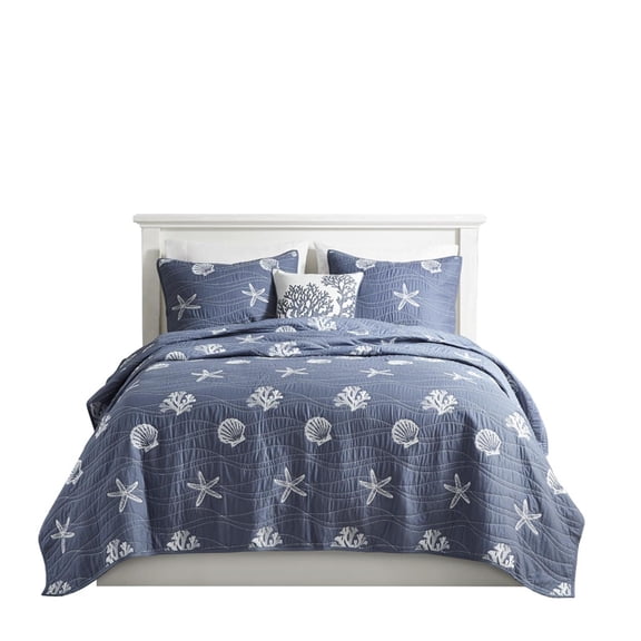 Harbor House Seaside 4-Piece Coastal Cotton Coverlet Set in Navy Finish