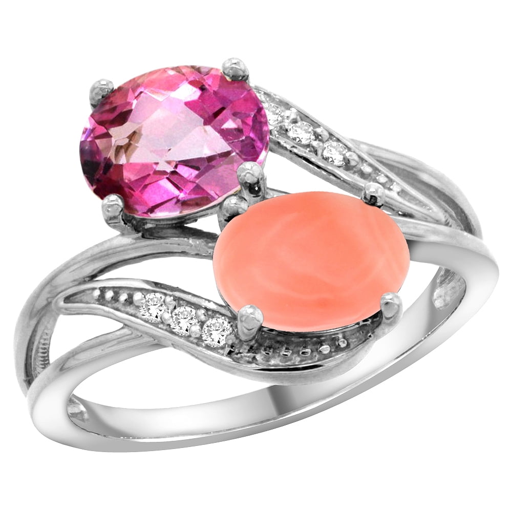 14K White Gold Diamond Natural Pink Topaz & Coral 2-stone Ring Oval 8x6mm, sizes 5 10 by WorldJewels