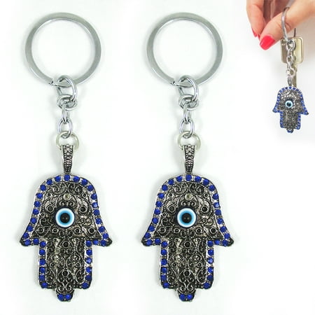 Hamsa Key - 2 Hamsa Evil Eye Lucky Keychain Key Ring Charm Amulet Kabbalah Chrystal Blue Set