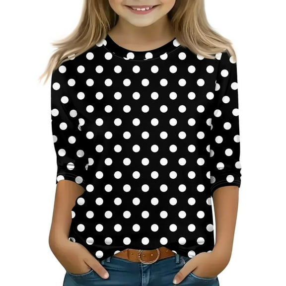 Iaqnaocc Shirts for Child Girls Size 8 3/4 Sleeve Cute Polka Dots Tunic Tops Girls Clothes Fashion Crew Neck Blouses Casual Soft Gifts for Teen Girls Black 6-7 Years