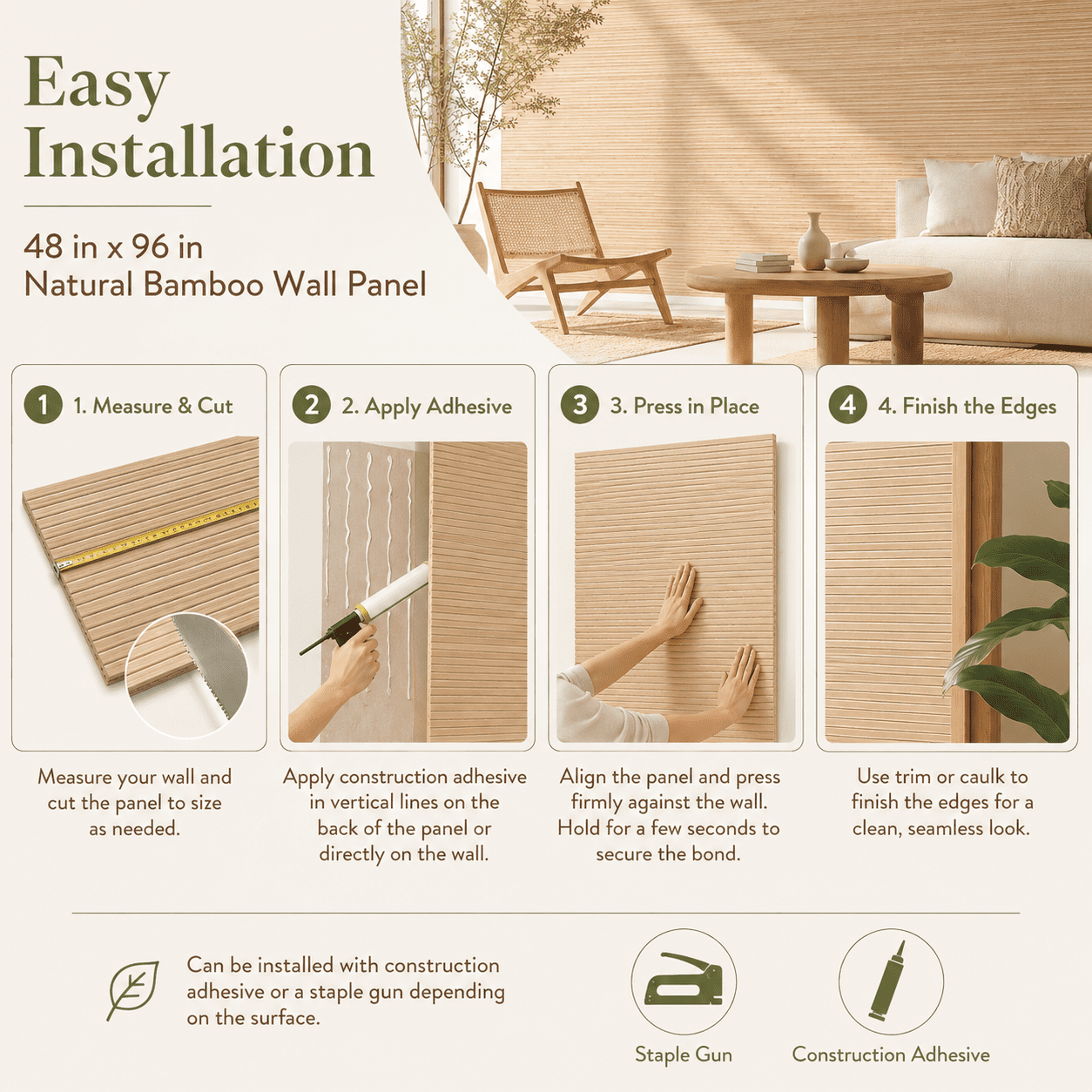 Yeslife Natural Bamboo Wall Panel Roll, 48 in x 96 in Flexible Cut-to-Fit Interior Wall Decor for Living Room and Bedroom, 32 sq ft