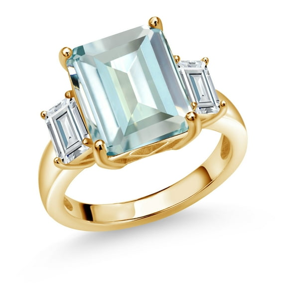 Gem Stone King 18K Yellow Gold Plated Silver 3-Stone Ring Octagon Sky Blue Simulated Aquamarine and Moissanite (6.55 Cttw, Size 8)