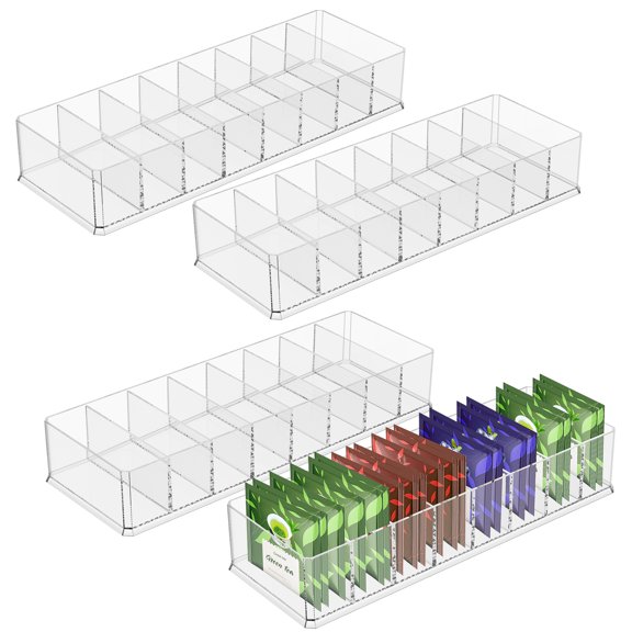 Ikoopy 4Pcs Tea Bag Storage Box PS Transparent Tea Packet Drawer Organizer with 8 Divider Large Capacity for Kitchen Cabinet Countertop