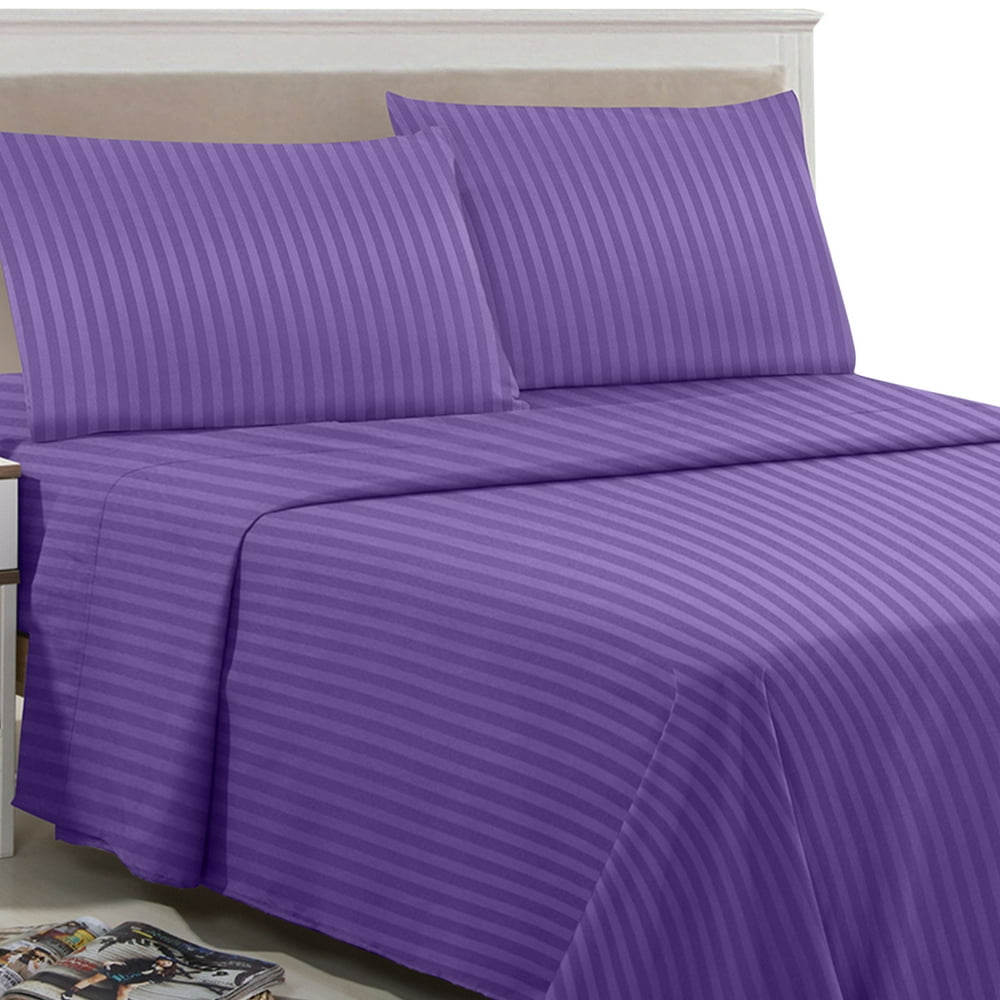 Stripes Bed Sheet Set (Queen, Purple) 4 Pieces Deep Pocket 1800 Series