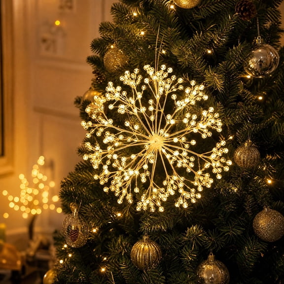 Starburst Christmas Tree Hanging Light with 108 Leds Lights, Warm White， Xmas Starburst Firework Sphere, Hanging Star Light, Plug-in with Hook, Waterproof for Holiday Yard Garden Wedding Party Decor