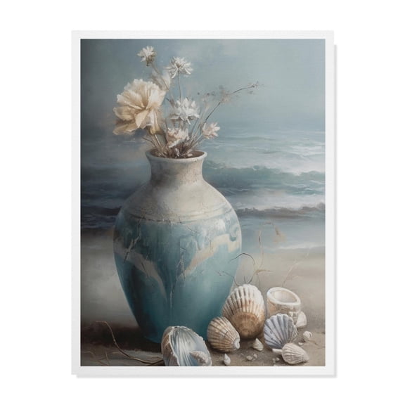 Bathroom Decor Wall Art Blue Beach Picture Ocean Theme Flower Canvas Print Modern Coastal Seascape Painting Framed Seaside Artwork Floral Daisy in Indian Vase for Home Sea Lake Bedroom 12x16inch