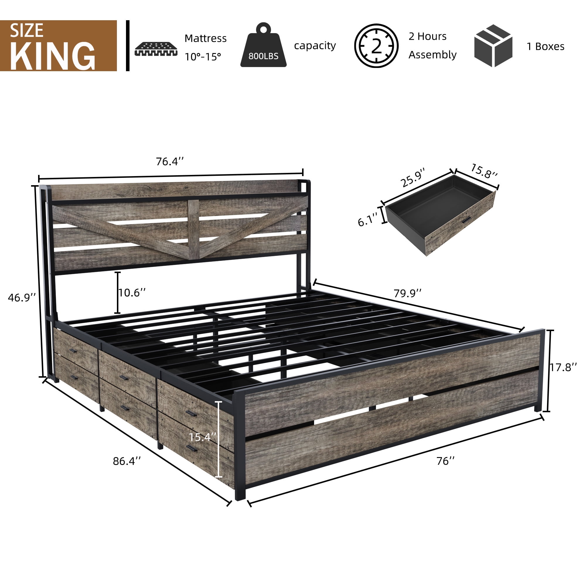 Yoneston King Bed Frame with Charging Storage Headboard and 12 Drawers, Farmhouse Metal Platform Bed No Box Spring Required, Brown
