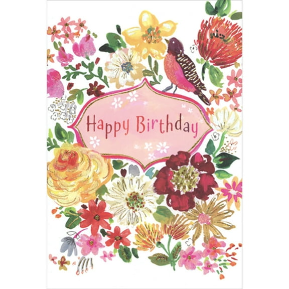 Pictura Pink Bellied Bird Perched on Pointed Oval Banner Surrounded by Flowers Birthday Card