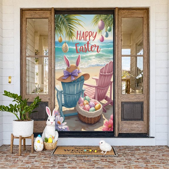 Colorful Easter Eggs Happy Easter Banner Bunny Ear Design Easter Display Beach Scene Watercolor Beach Backdrop for Easter Celebration Beach Party Photo Backdrop