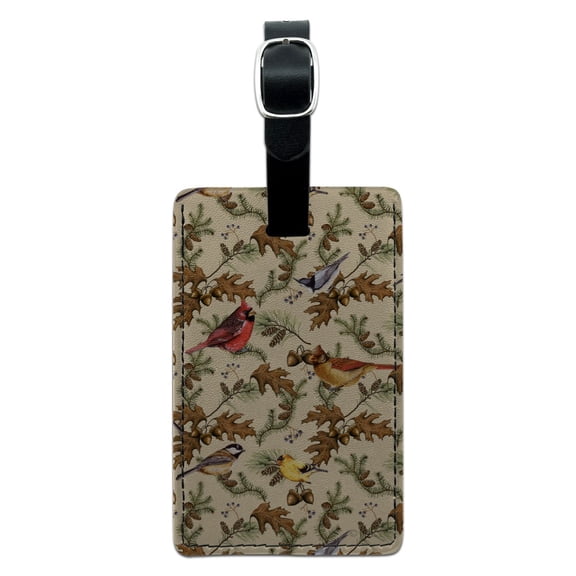 Birds Songbirds Oak Leaves Acorns Pinecones Autumn Fall Rectangle Leather Luggage Card Suitcase Carry-On ID Tag