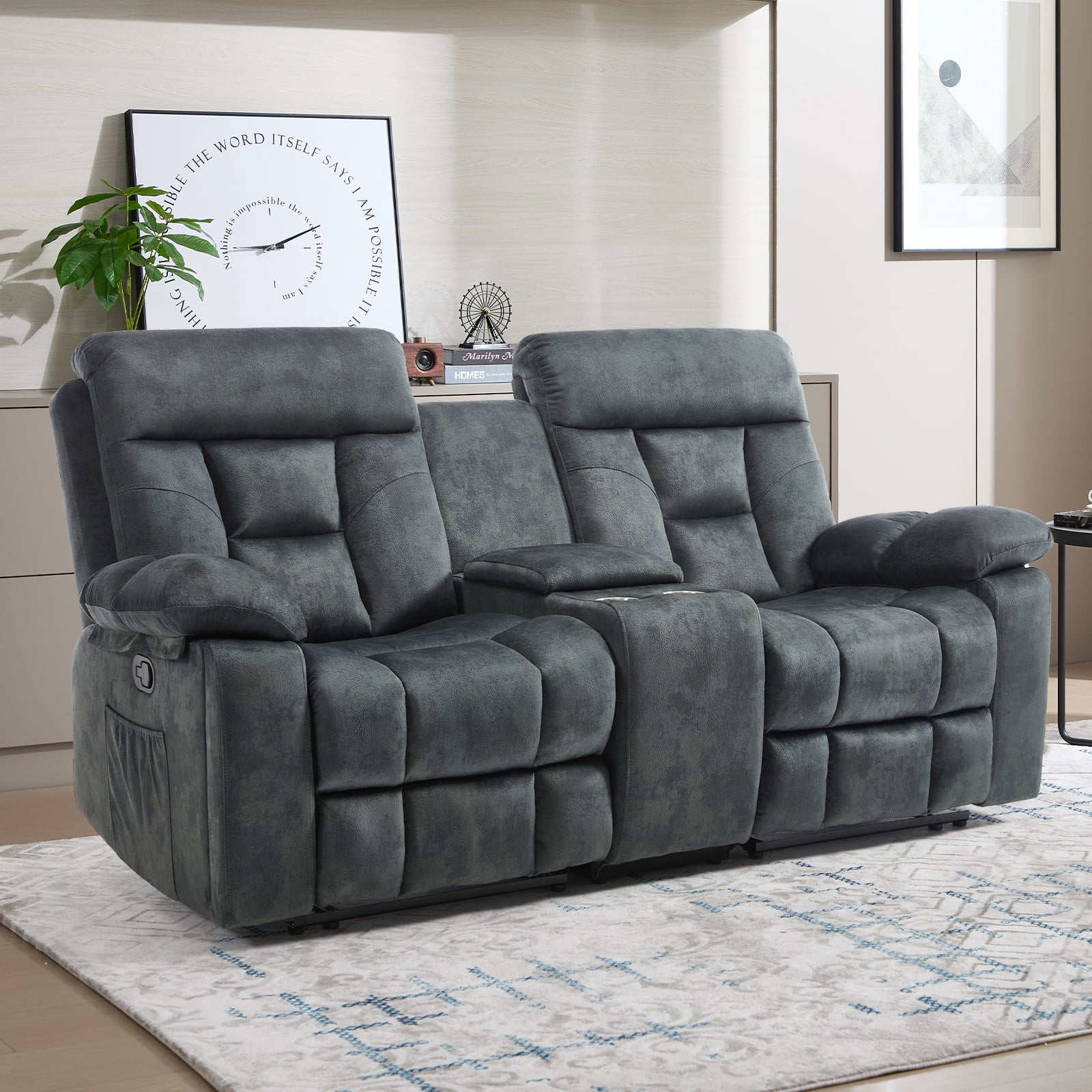 Bonzy Home Reclining Loveseat 2-Seat Manual Recliner Sofa with Hidden Armrest Cup Holders, Breathable Fabric, Grayish Green