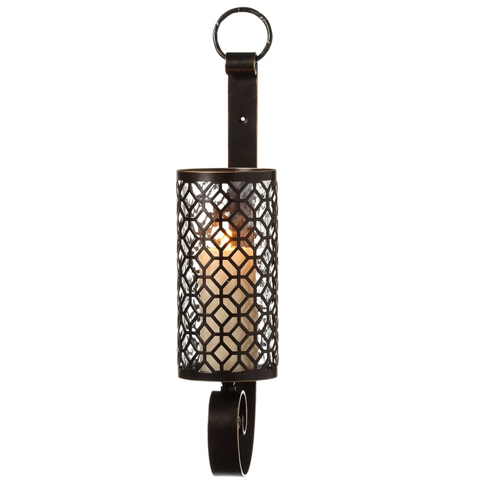 21" Black Geometric Pattern Wall Sconce Pillar Candle Holder with Hanging Hook