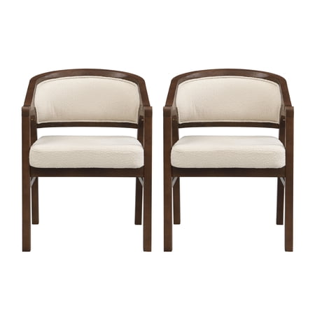 Dining Chair Set of 2 Solid Rubberwood Frame with Beige Boucle Upholstered Curved Backrest Walnut Finish Ergonomic Side Chairs for Dining Room and Kitchen Easy Assembly