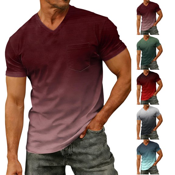 Men's Gradient V-Neck T-Shirt With Short Sleeve And Chest Pocket Featuring Tie Dye Casual Tee For Summer Spring Streetwear Outfits Gym Workout Gray L