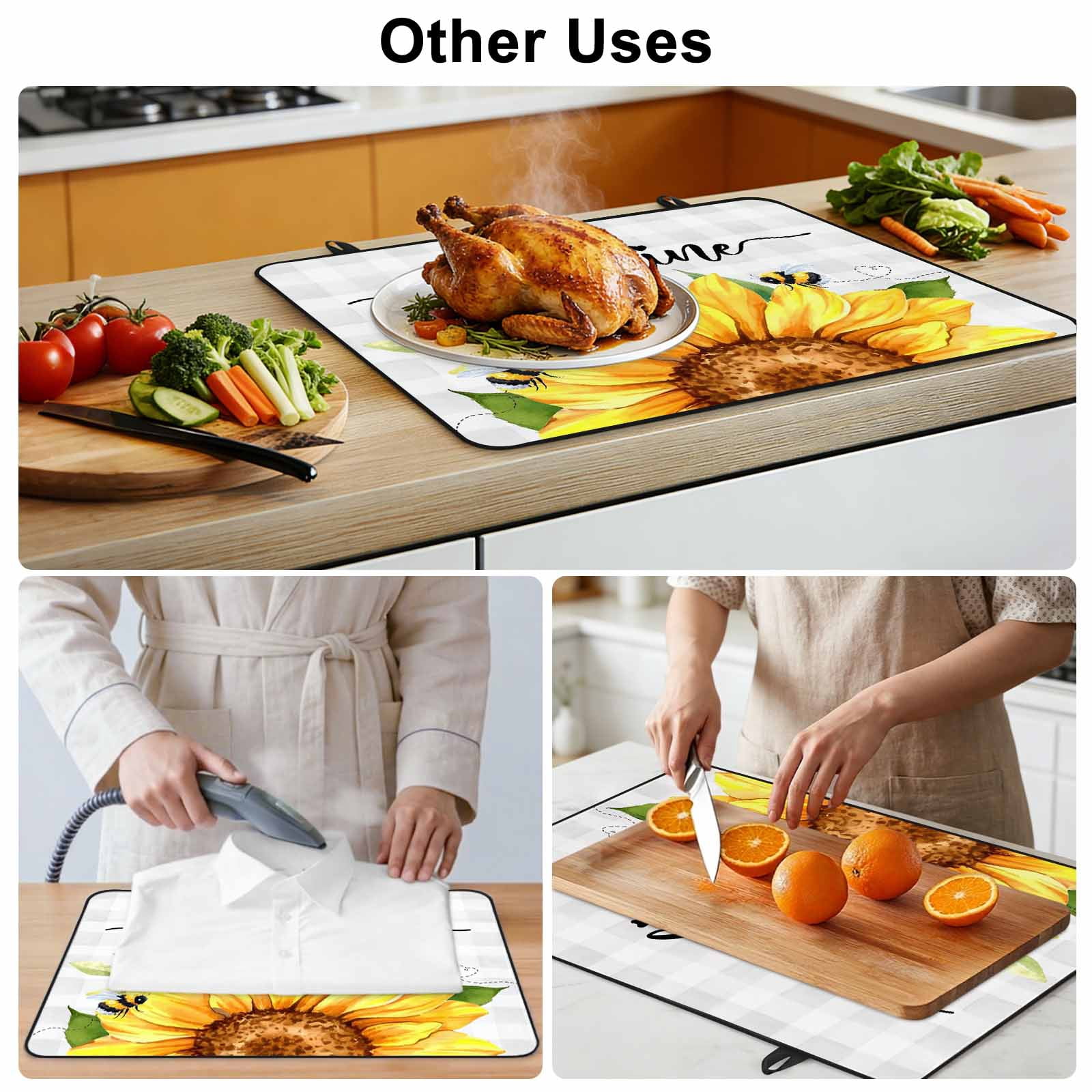 Sunflowers Bees Stove Top Cover for Electric Stove, Heat-proof & Non Slip Glass Top Stove Cover Protector, Grey Check Sunshine Watercolor Floral Kitchen Flat Cooktop Rubber Mat 24x21 Inches