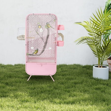ToppiJoy Bird Cage with Simulated Tree Scenery & Automatic Feeder, Wrought Iron Cage for Cockatiels, Parakeets, Parrots, Birdcage 13.8*11*30.3in (Pink)