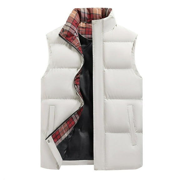 ZCFZJW Men's Puffer Vest Big and Tall Water-Resistant Winter Outdoor Zipper Sleeveless Plaid Patchwork Thick Warm Puffey Jacket with Pockets White XL