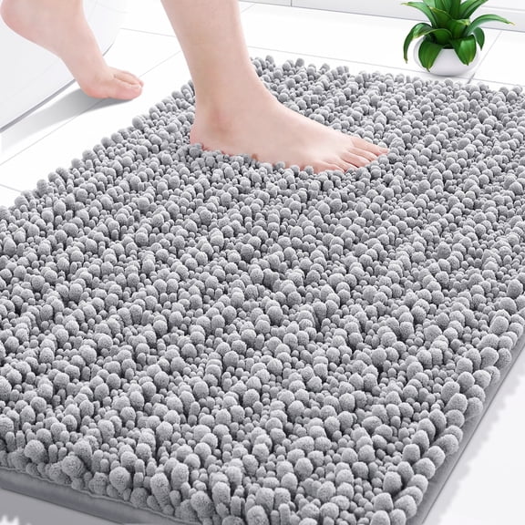 Ultra Soft Gray Chenille Bath Mat 24x17 Inch Non Slip Washable Bathroom Rug
