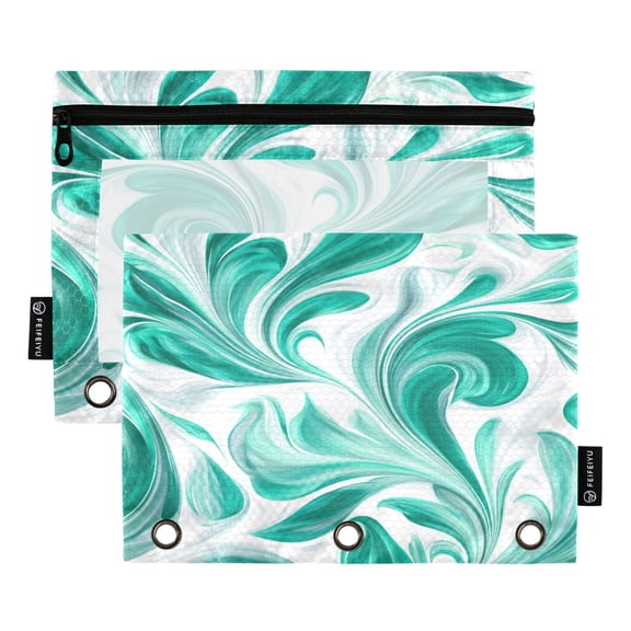 2 Pack 3 Ring Binder Pouch with Clear PVC Window Water Resistant Zipper Pencil Pouch Jade Green Marble Pattern Binder Pocket for Classroom Office Home Stationery Organization
