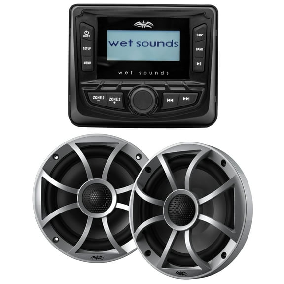 Wet Sounds WS-MC-5 3" Gauge style AM/FM Stereo with 2.7" LCD Display with 1 Pair Wet Sounds RECON 6-S 6.5" 60-Watt RMS Coaxial Speakers With Silver XS Grilles (Pair)