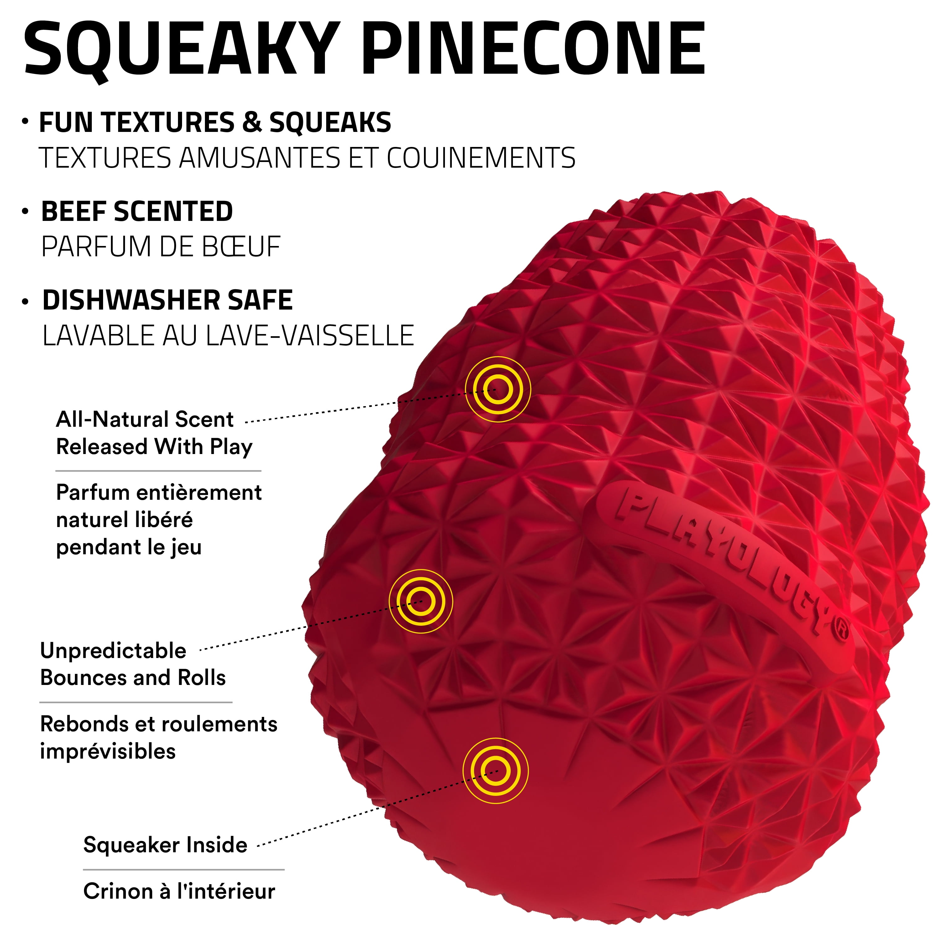 Playology Pomme de pin grinçante Bœuf Jouet parfumé pour chien