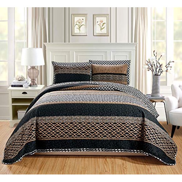 GrandLinen 3-Piece Fine Printed Oversize (115" X 95") Quilt Set Reversible Bedspread Coverlet King Size Bed Cover (Black, Brown, Taupe, Beige Lattice)