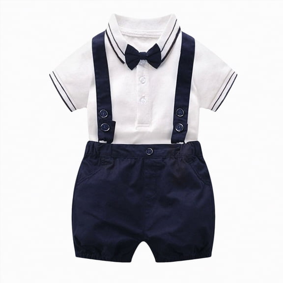 mgoYE Baby Boy Clothes 3-6 Months Baby Boys Gentleman Outfits Suits, Infant Shirt Shorts Bow Tie Suspenders(Blue,18-24 Months)