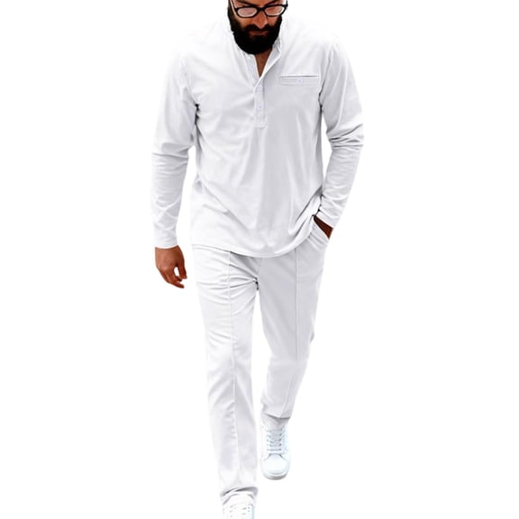 mihongmao Western Outfit for Men Solid-Color Casual Sporty Round-Neck Button Stand-Up Collar Long Sleeved Top Pocket Drawstring Long Pants Two Piece Set White L